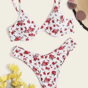 shein floral print white and pink bikini (size s)